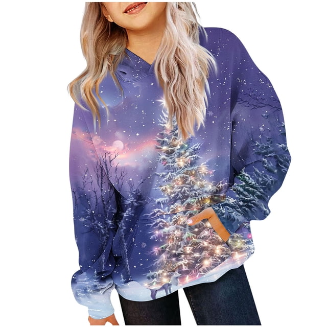 Purple Garçon Fille à Capuche Vacances Heureuses Noël Brunch pour Enfants Garçon Fille Hiver Automne Manches Longues Col Rond Graphique Capuches Ensembles Chandail Enfant 2025 Vêtements 8 Ans