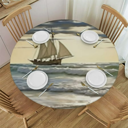 

l Round Fitted Tablecloth A Sailing Ship Close to Sandy Beach