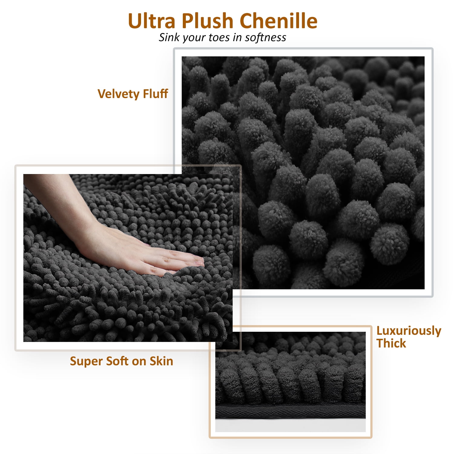 Clara Clark Bath Rug Chenille Bath Mat, Super Soft Absorbent Bathroom Rug, Large, Black