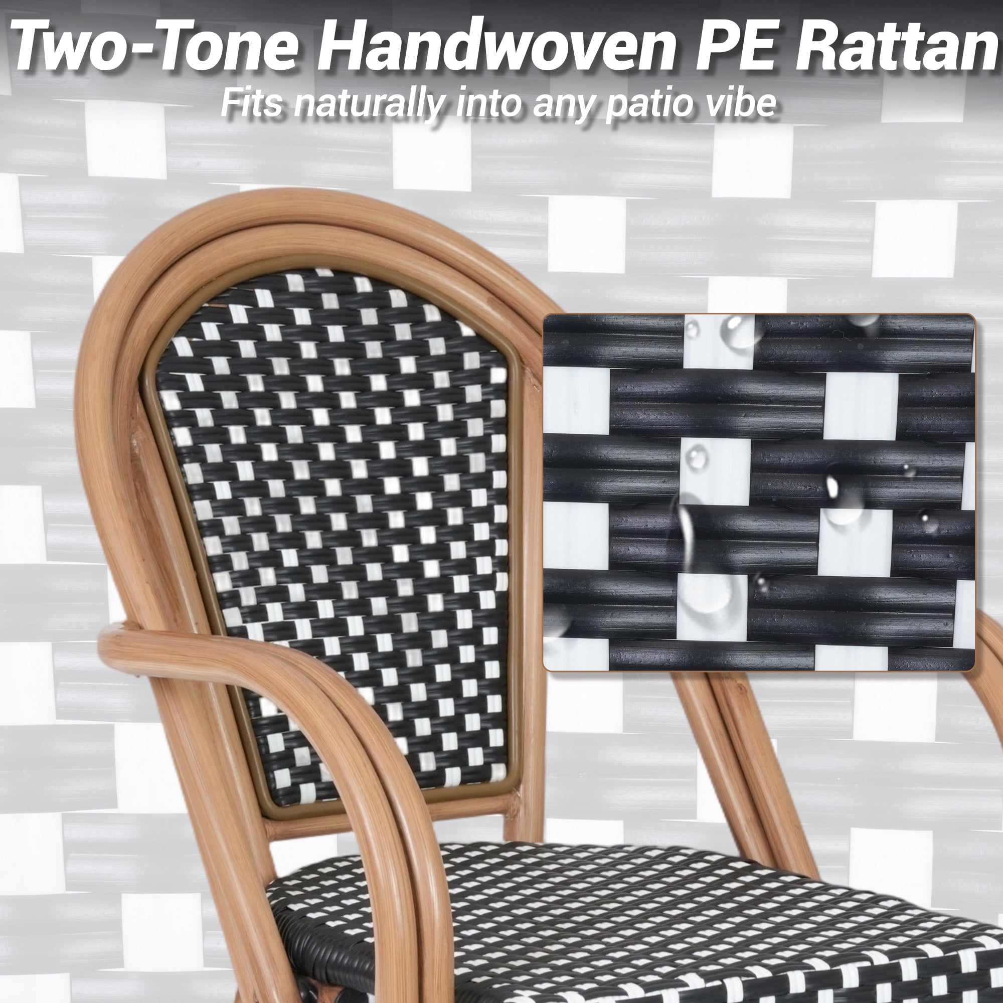 DELMANGO Metal & Faux Rattan Bistro Chairs, Stackable Patio Chairs, Outdoor Dining Armchairs, White/Black (Set of 2)