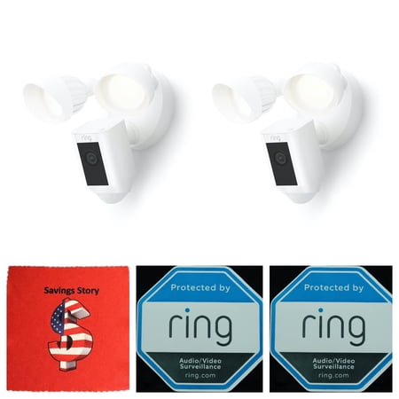 Ring_Floodlight Cam Wired Plus 2-Pack Bundle with 2 Security Window Decal and Cleaning Cloth, White, Home, Outdoor, Wi-Fi
