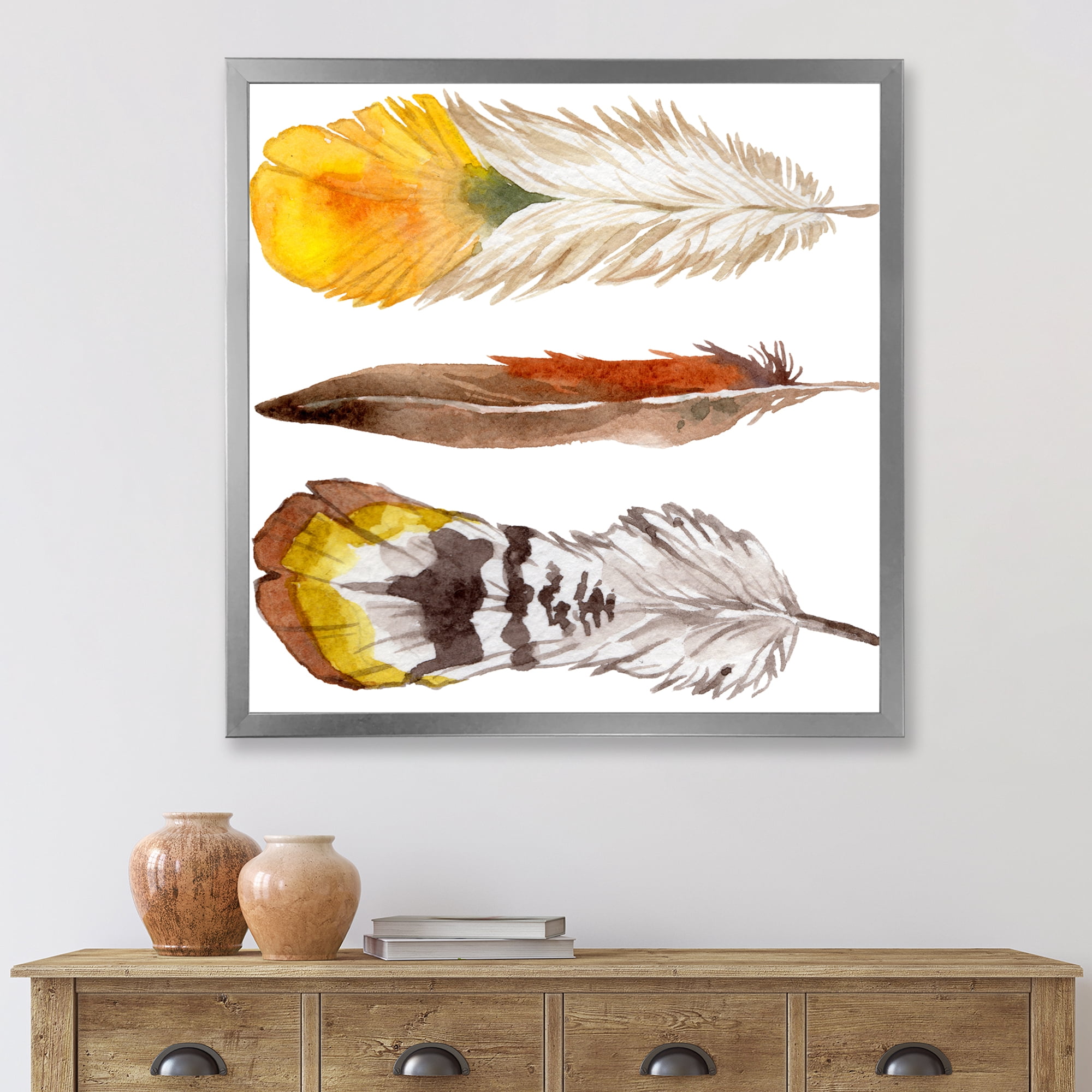 Designart 'Ethnic Yellow Feather From Wing On White' Bohemian & Eclectic Framed Art Print