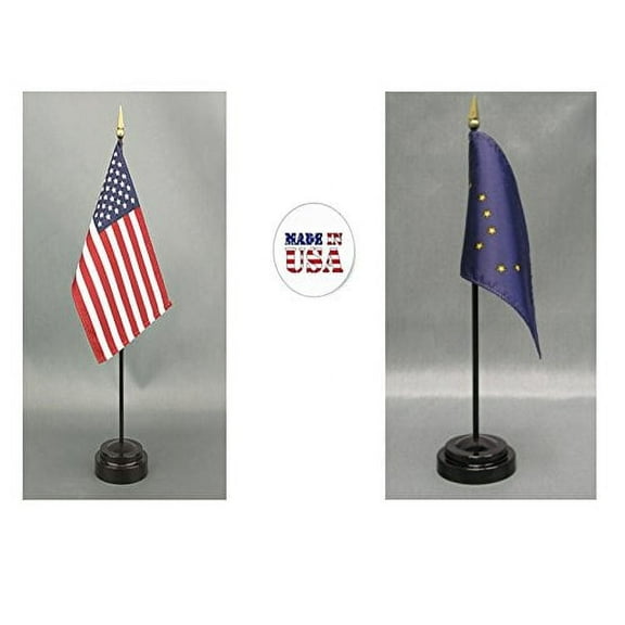 Made in The USA. 1 American and 1 Alaska 4"x6" Miniature Desk & Table Flag, Includes 2 Flag Stands & 2 Small Mini Stick Flags