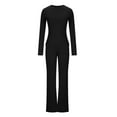 thumbnail image 4 of qolati Women's Two Piece Outfit Ribbed Knit Crew Neck Long Sleeve T-Shirts and High Waisted Flare Pants Tracksuit Y2k Bodycon Yoga Lounge Sets, 4 of 6