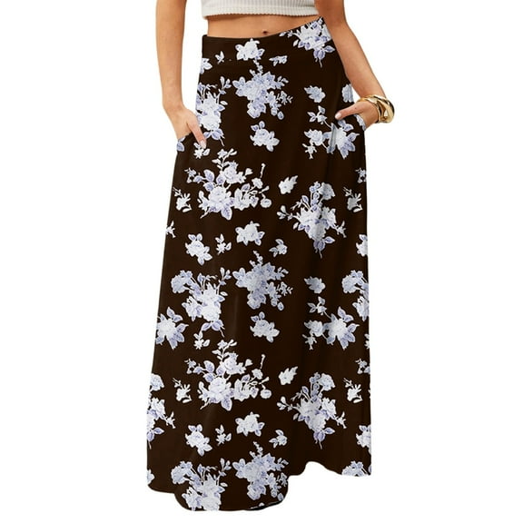 WTOBBY Women's Flowy Bohemian Floral Maxi Skirt Casual Summer Beach Long Skirt Elastic Waist Lightweight Tiered Pleated Skirt with Side Slit and Drawstring Waist,Brown L