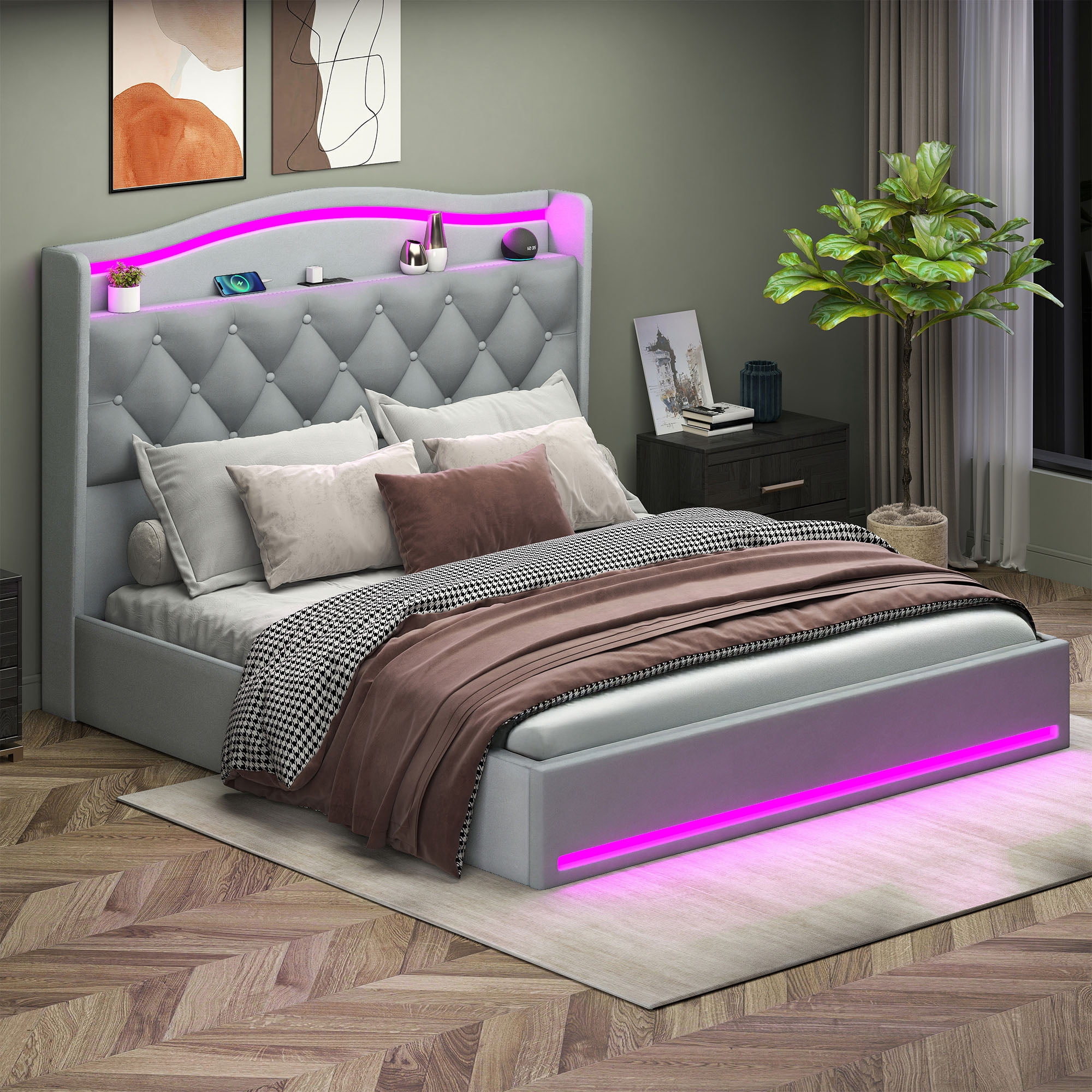 Uforic Queen Size Velvet Upholstered Bed Frame with RGB LED Ambient Light, Built-in Charging Station, No Box Spring Required, Gray
