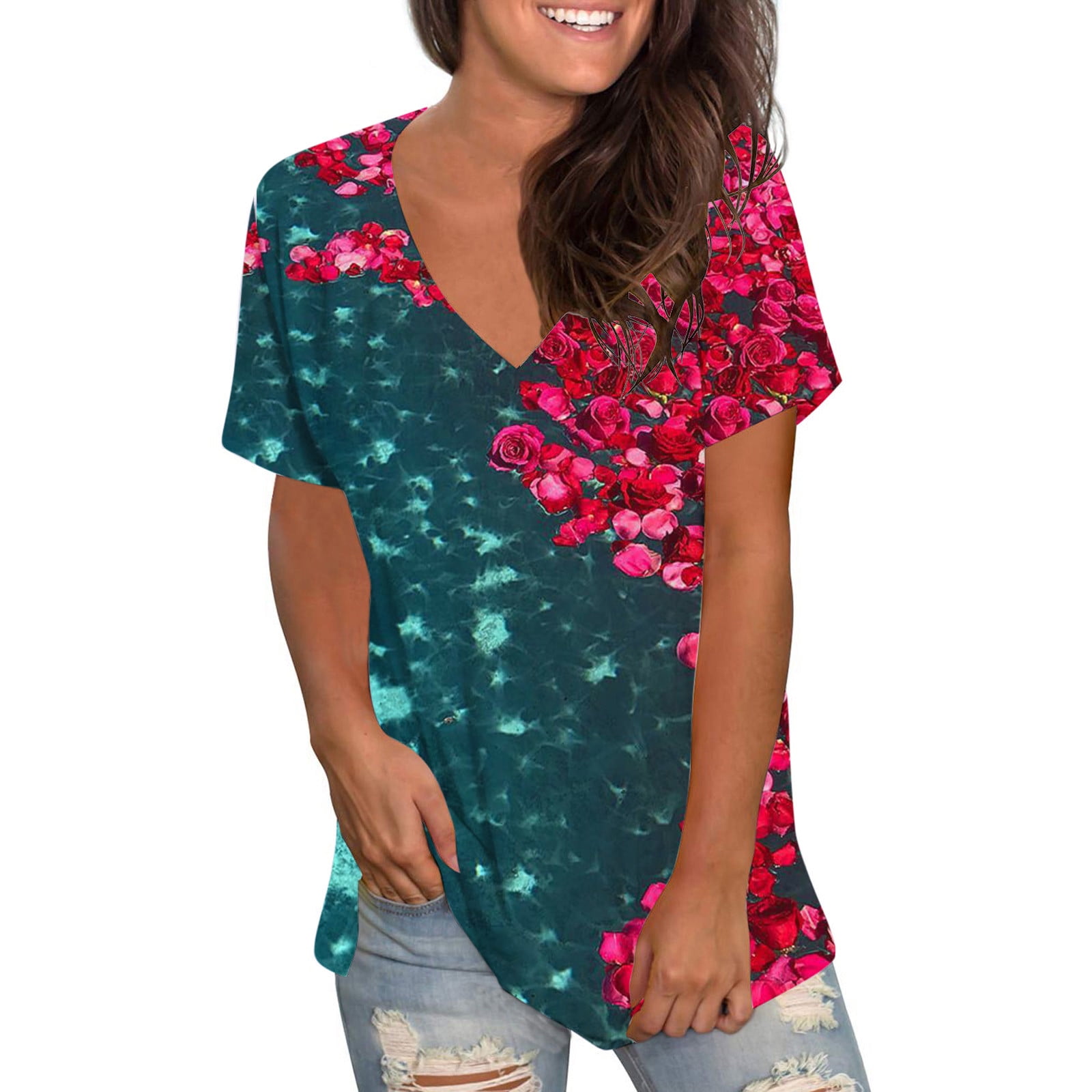 SMihono Women's Loose TShirts Tunic Tops Trendy Drop Shoulder 1/4 Sleeve Tees Contrast Floral