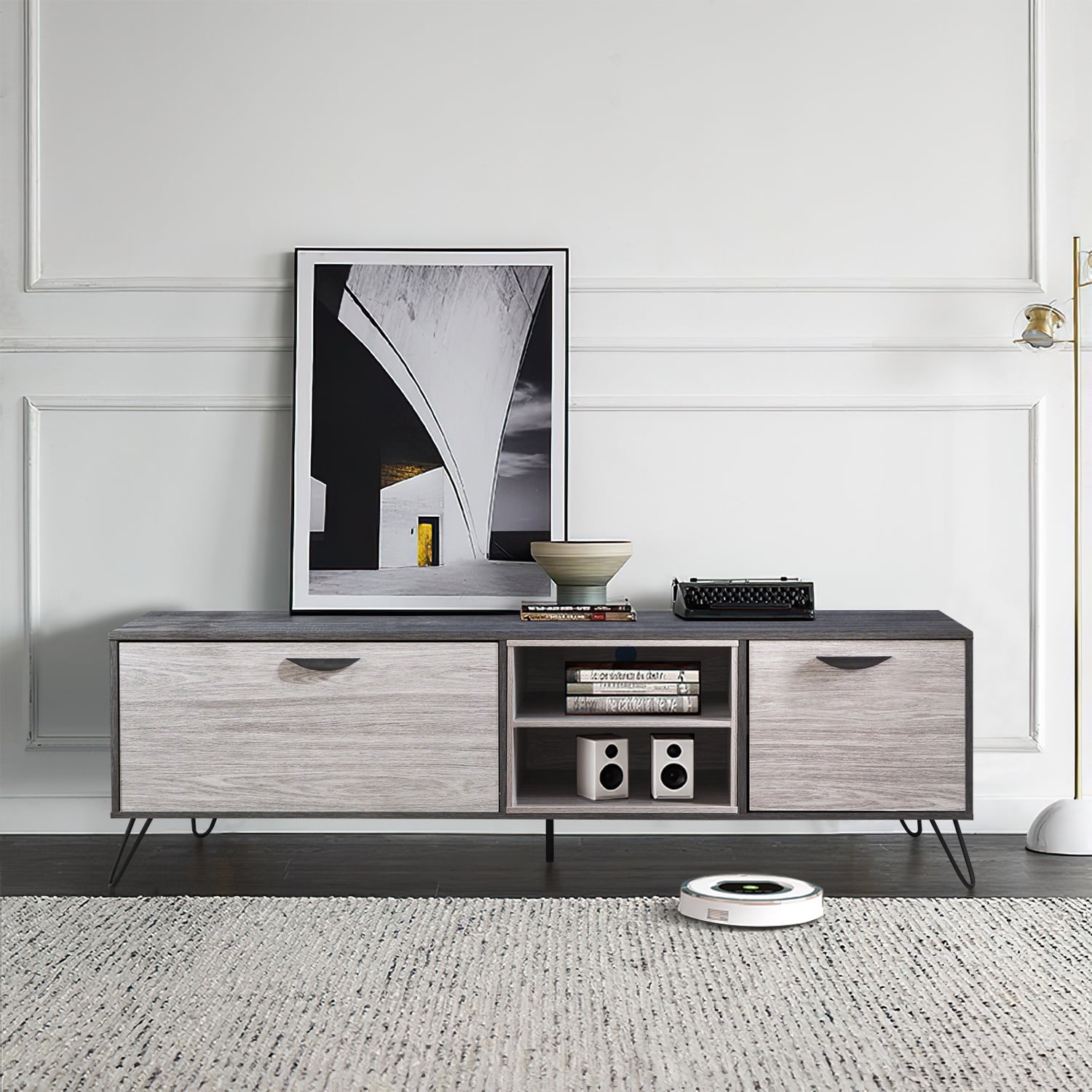 Kadyn Mid Century TV Stand Console, Fiberboard TV Console for TV up to 79 Inch, Modern TV Cabinet with 2 Cabinets & Shelves, Plaid Grey Oak