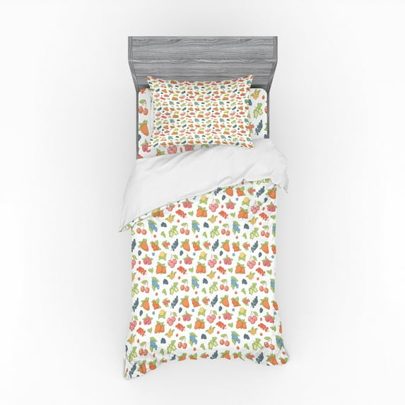 Fruit Duvet Cover Set, Grape Cherry Strawberry Berry Pastel Yummy Nature Organic Food Healthy Style Design, Bedding Set with Shams and Fitted Sheet, 3 Sizes, by Ambesonne