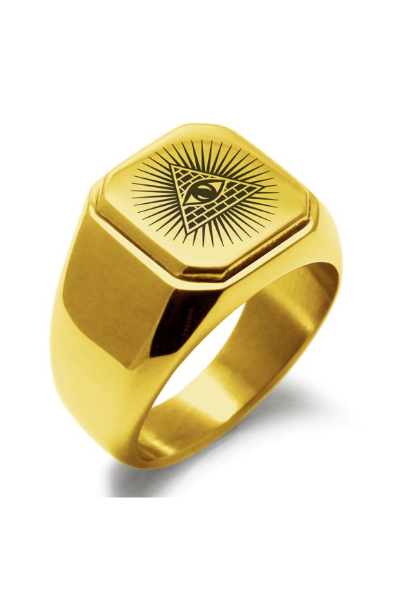 Stainless Steel All Seeing Eye of Providence Engraved Square Flat Top Biker Style Polished Signet Ring