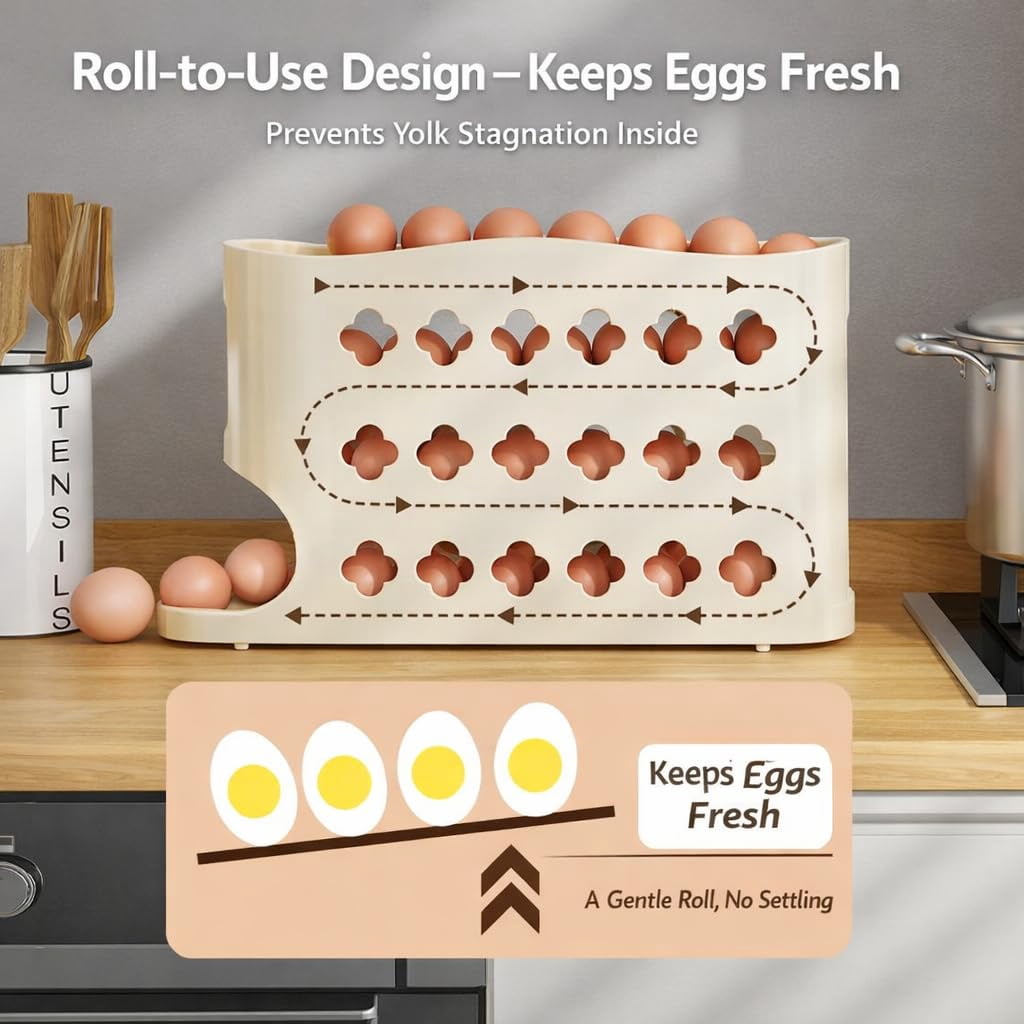Egg Holder for Fridge, Eggs Dispenser Auto Rolling for 30 Eggs, Space-Saving Egg Organizer Storage Container Tray for Countertop Refrigerator （Yellow, 2PC)