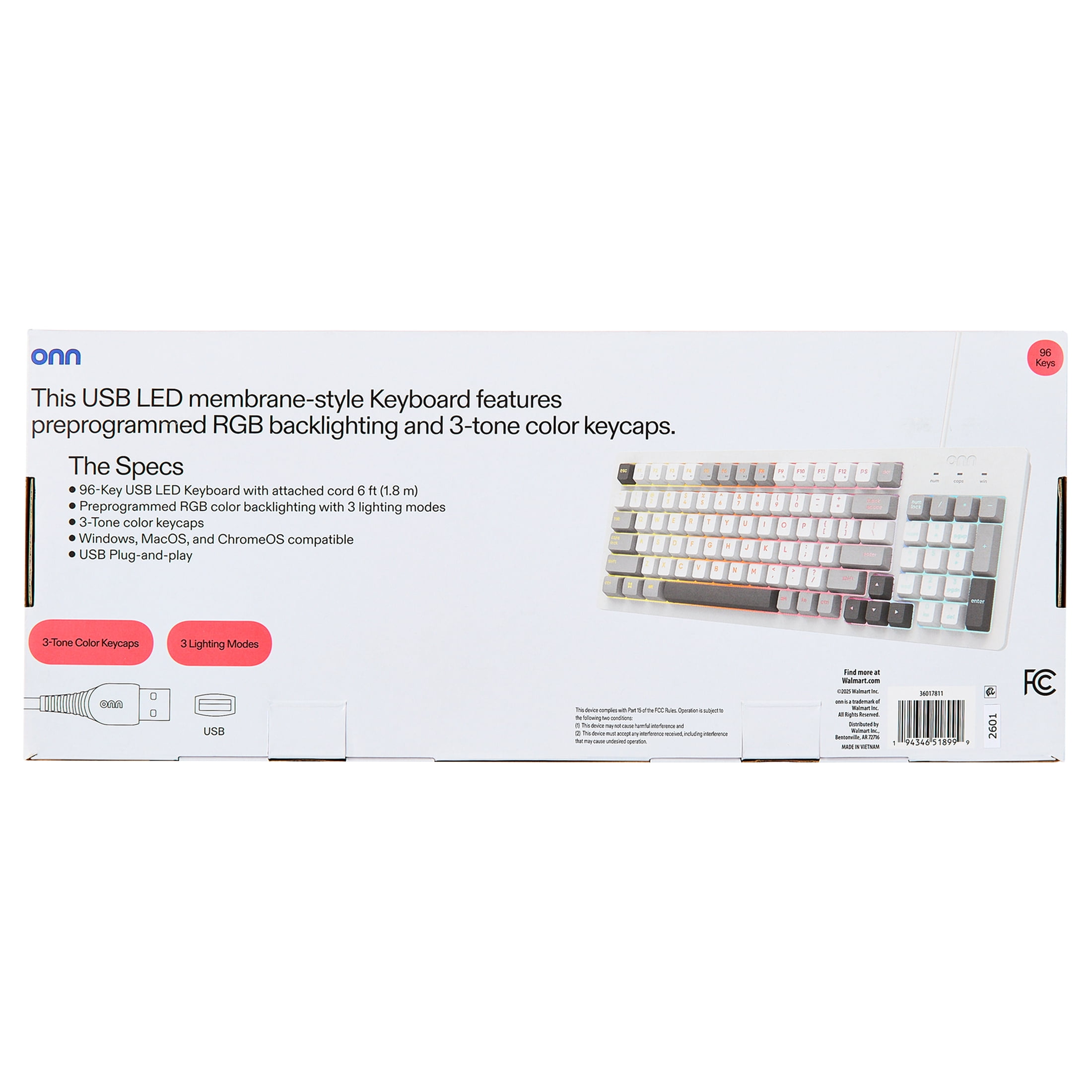 onn Wired RGB Backlit Keyboard, Arctic White, USB Connection