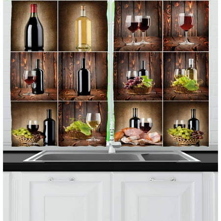 Country Bedrooms Wine Curtains 2 Panels Set, Wine Themed Collage on Wooden Backdrop with Grapes and Meat Rustic Country Drink, Window Drapes for Living Room Bedroom, 55W X 39L Inches, Brown Black Red, by Ambesonne ()
