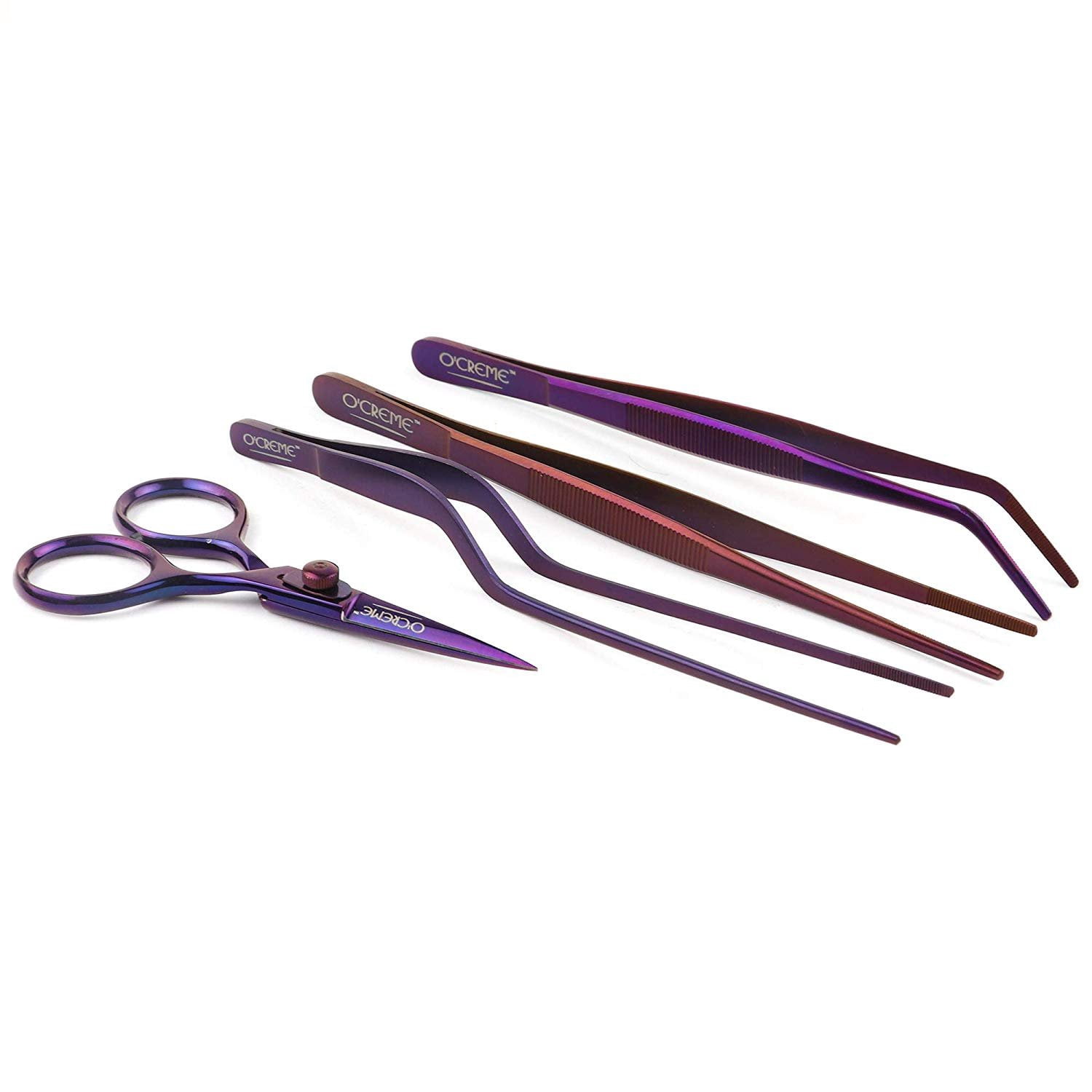 O'Creme Set of Culinary Tweezer Tongs 8 Inch Straight, 8 Inch Offset and 8 Inch Curved, Plus Super Sharp Chef Scissors, Total 4 Pieces Purple