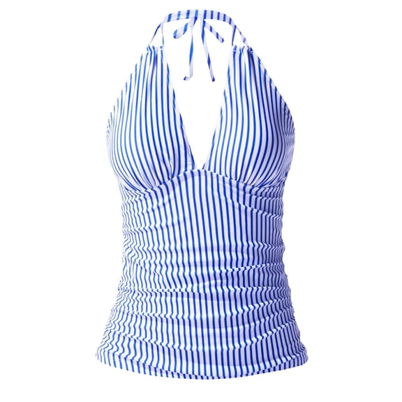 Halter V Neck Tankini Tops for Women Full Coverage Bathing Suit Plus Size Bikini Blue Swimwear No Bottoms M