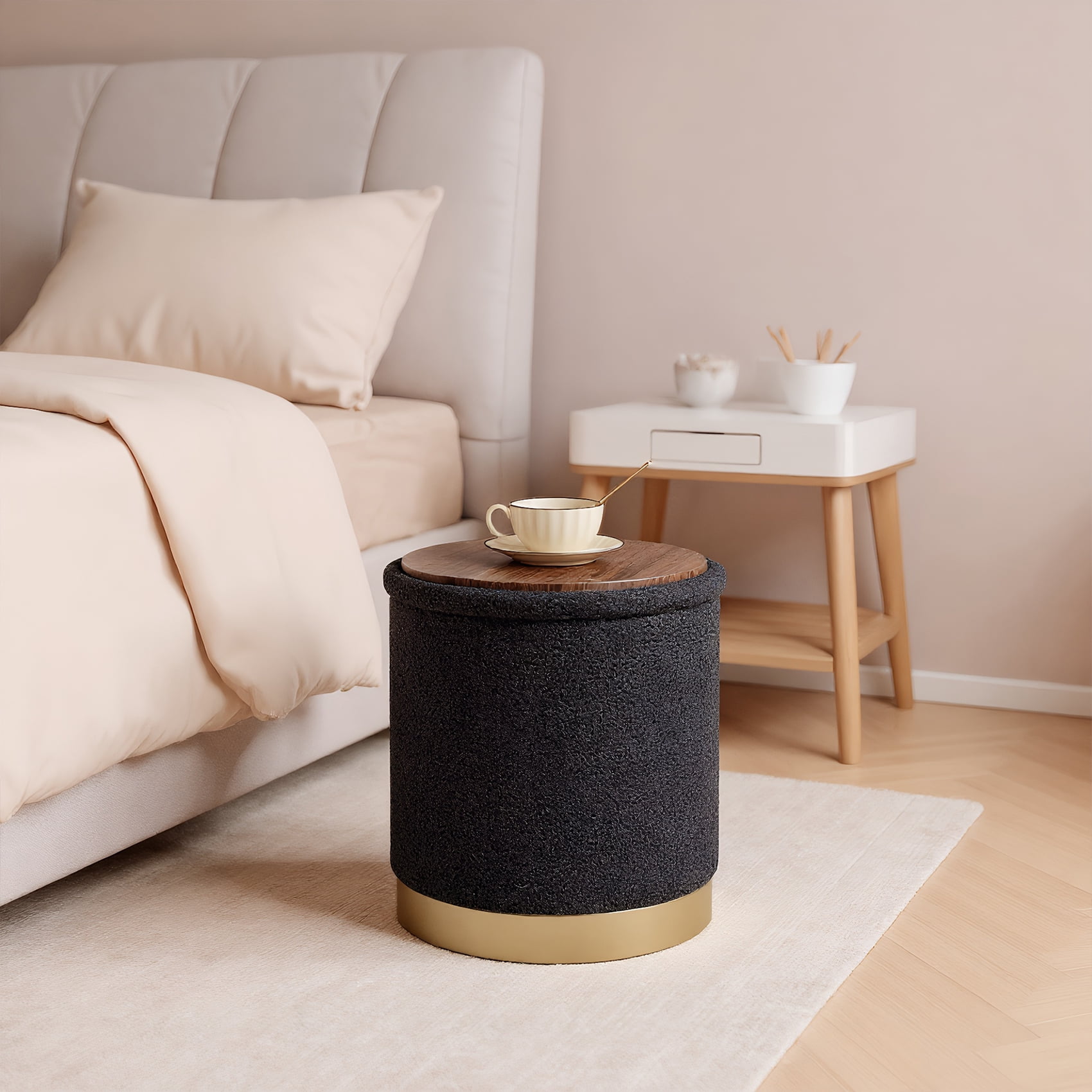 PINPLUS Round Storage Ottoman with Tray Gold Edge Stool Leg Folding Foot Rest for Living Room Dark Grey,Sherpa Fabric