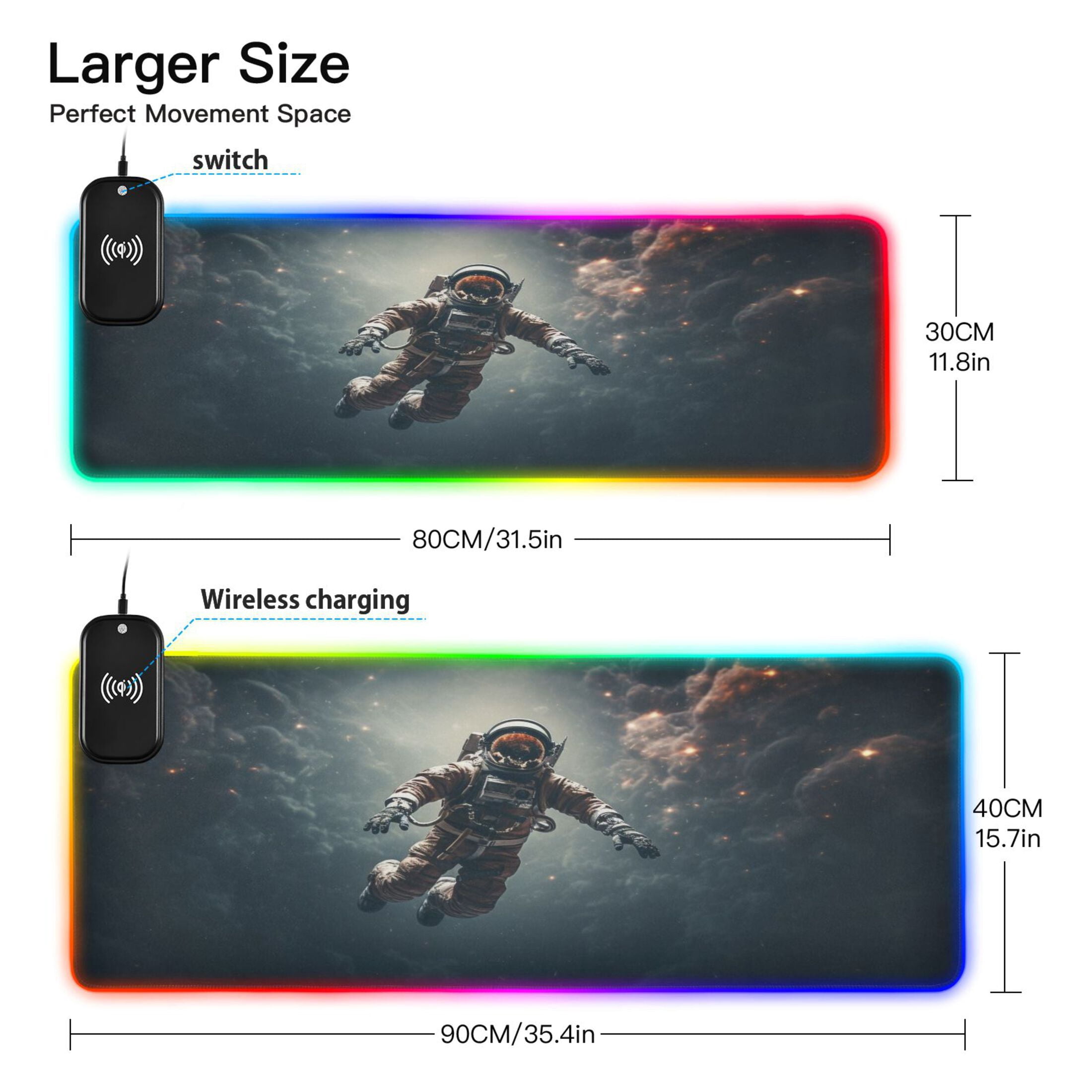 Wireless Charging Mouse Pad Large RGB Gaming Desk Mat 13 Light Modes Mousepad 31.5x11.8 Astronaut in Nebula