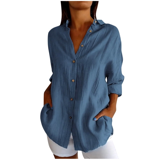 Timegard Plus Size Tops for Women Button down Shirts Long Sleeve Lapel V Neck Blouse Lightweight Tops