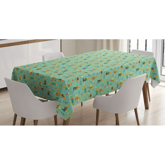 Cartoon Tablecloth, Autumn Season Foliage Background Hipster Foxes with Glasses Design, Rectangle Satin Table Cover Accent for Dining Room and Kitchen, 60" X 90", Pale Green Orange, by Ambesonne