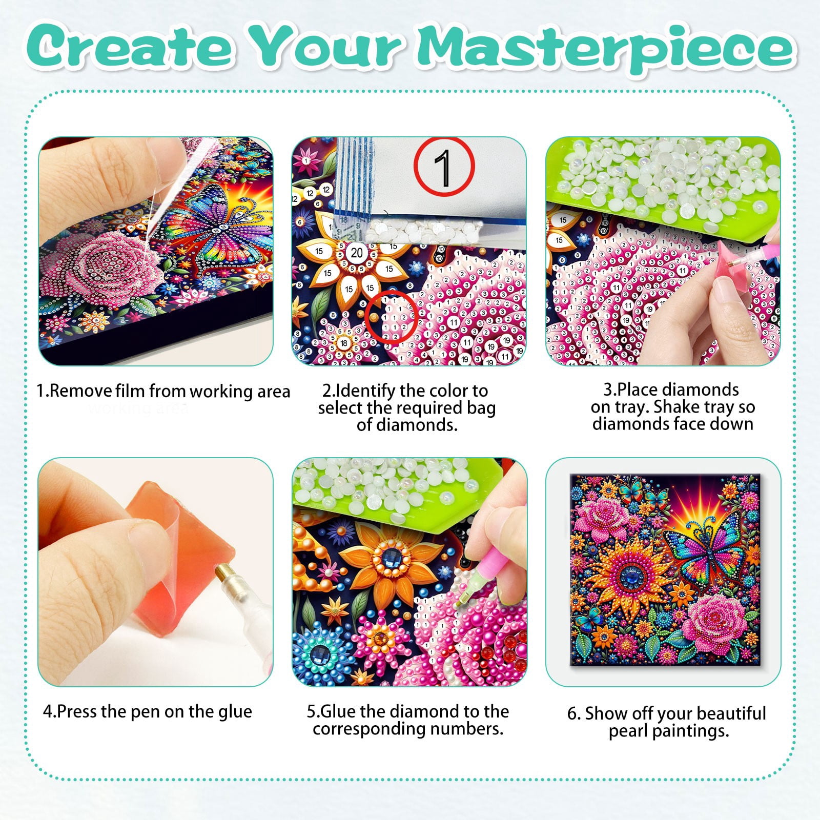 FLOPESN DIY Pearl Painting Kit with Wood Frame, 11.42x11.42 Inch Home Wall Art Decor, Mindful Adult Craft for Stress Relief and Relaxation-Butterfly-3