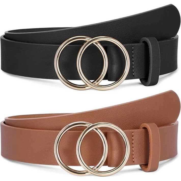 Women Leather Belt Fashion Double O-Ring Soft Faux Leather Waist