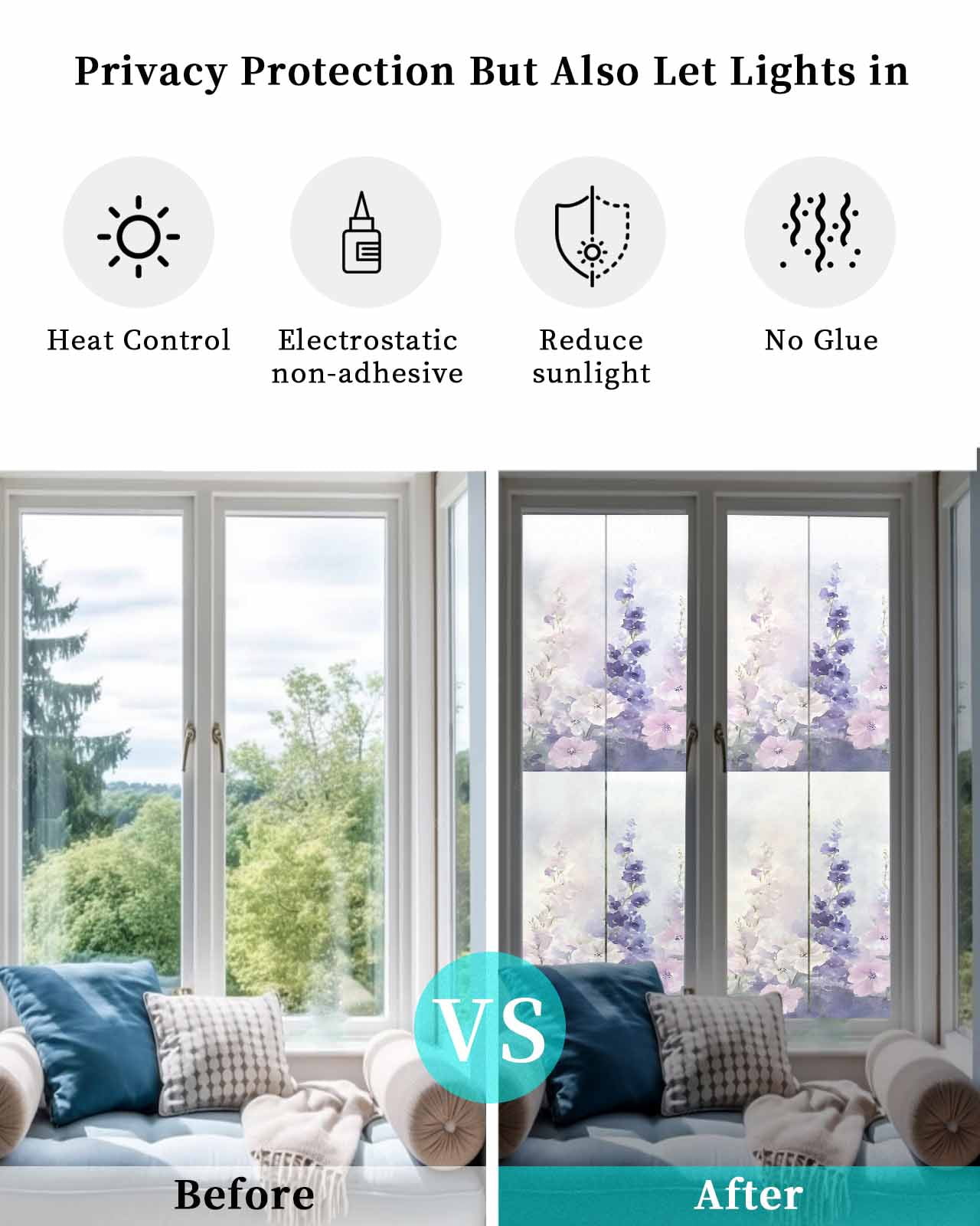 Window Privacy Film Lavender Stained Glass Window Film Decorative Sun Block Window Cover Pastoral Pastel Purple Pink Wildflower Window Clings Static Adhesive Sticker for Bathroom 17.7"x78.7"