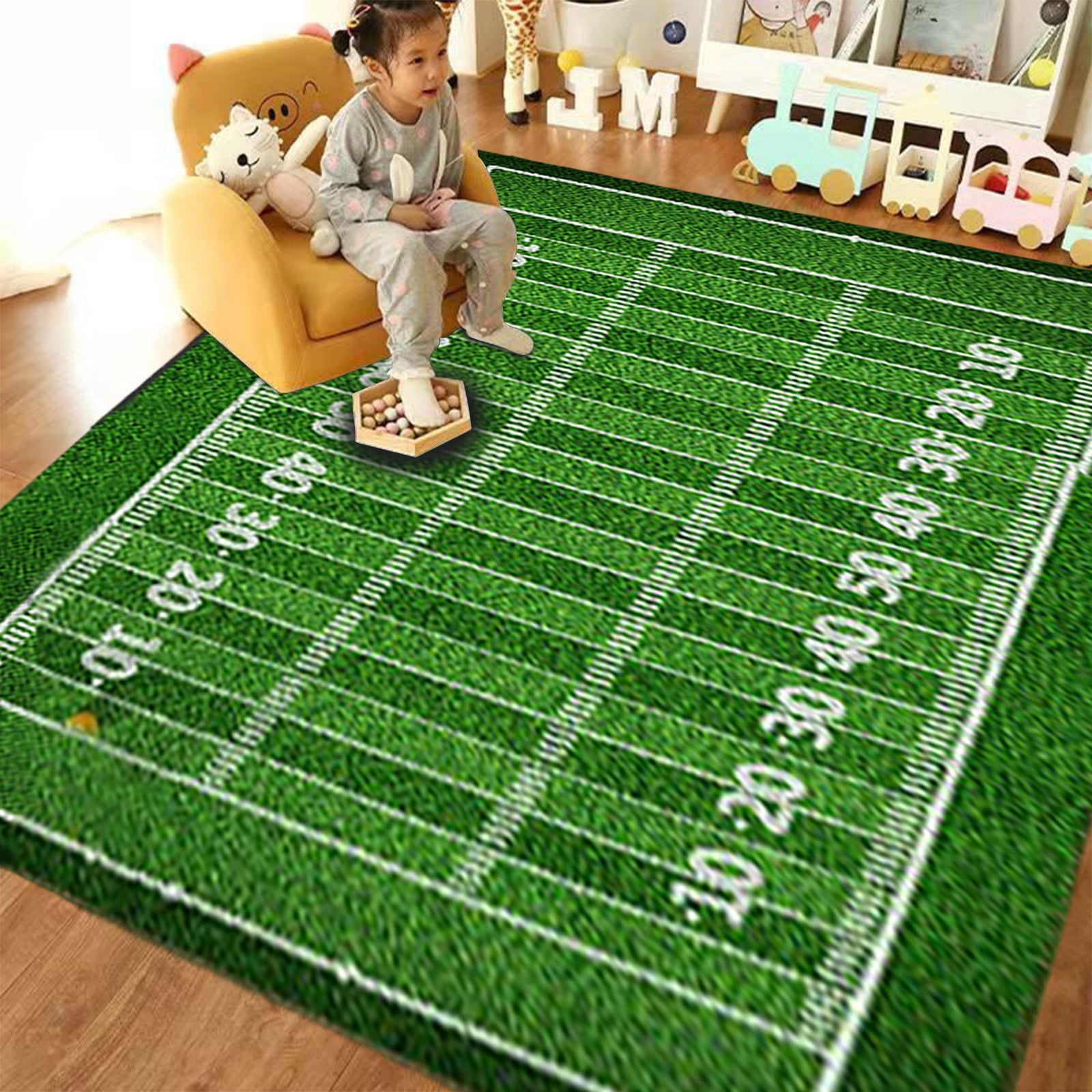 Iuhan Football Field Rug, Artificial Grass Indoor Outdoor Carpet, Non-Slip Floor Mat For Living Room Bedroom Game Room Decor, Sports Theme Area Rug