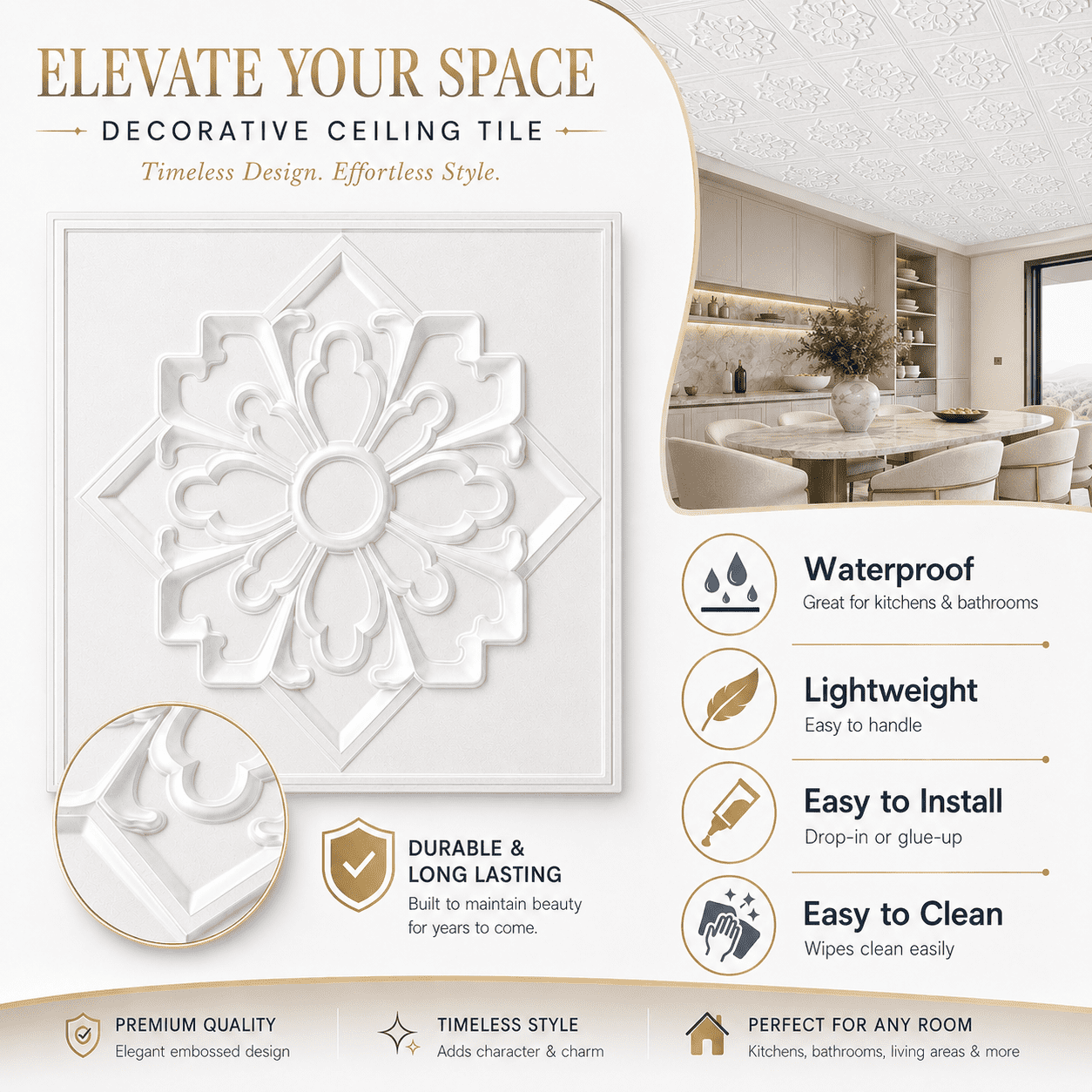 Yeslife 12-Pack 23.8" x 23.8" PVC Drop Ceiling Tiles, White Vintage 3D Embossed Decorative Panels, Waterproof Glue-Up Ceiling Tiles for Walls, Ceilings, Home and Office, 48 Sq.Ft