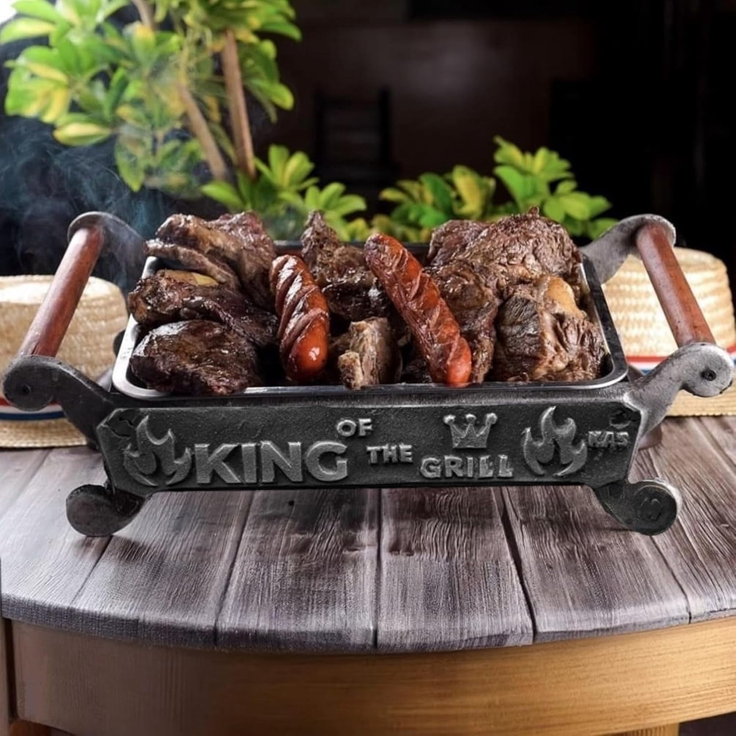 Handmade Cast Iron Tabletop Charcoal Grill & Food Warmer with Stainless Steel Tray, Wooden Handles, and Thermal Protector for Safe, Flavorful Grilling (King of the Grill)