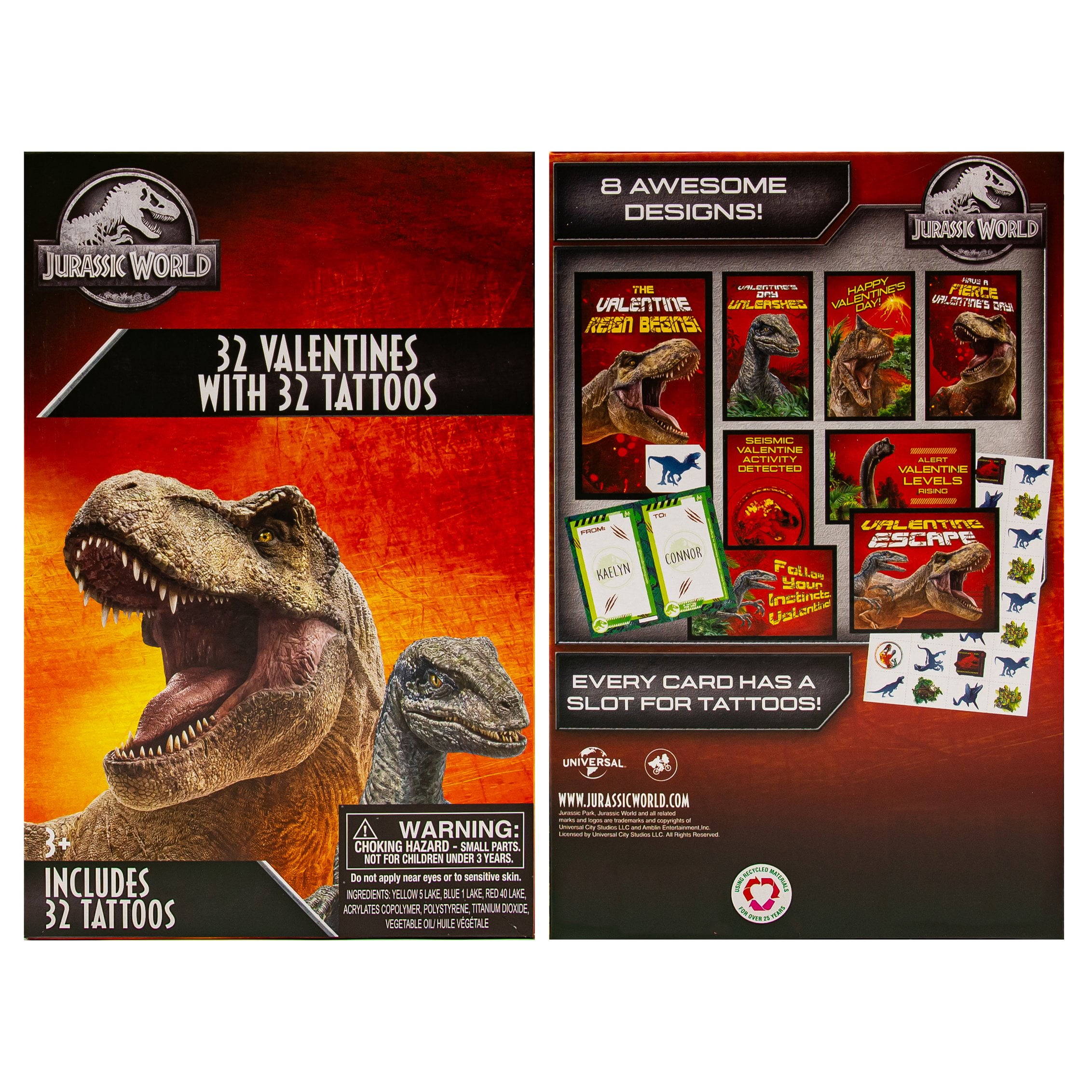 Jurassic World 32 Count School Valentines Day Illustrated Cards with ...