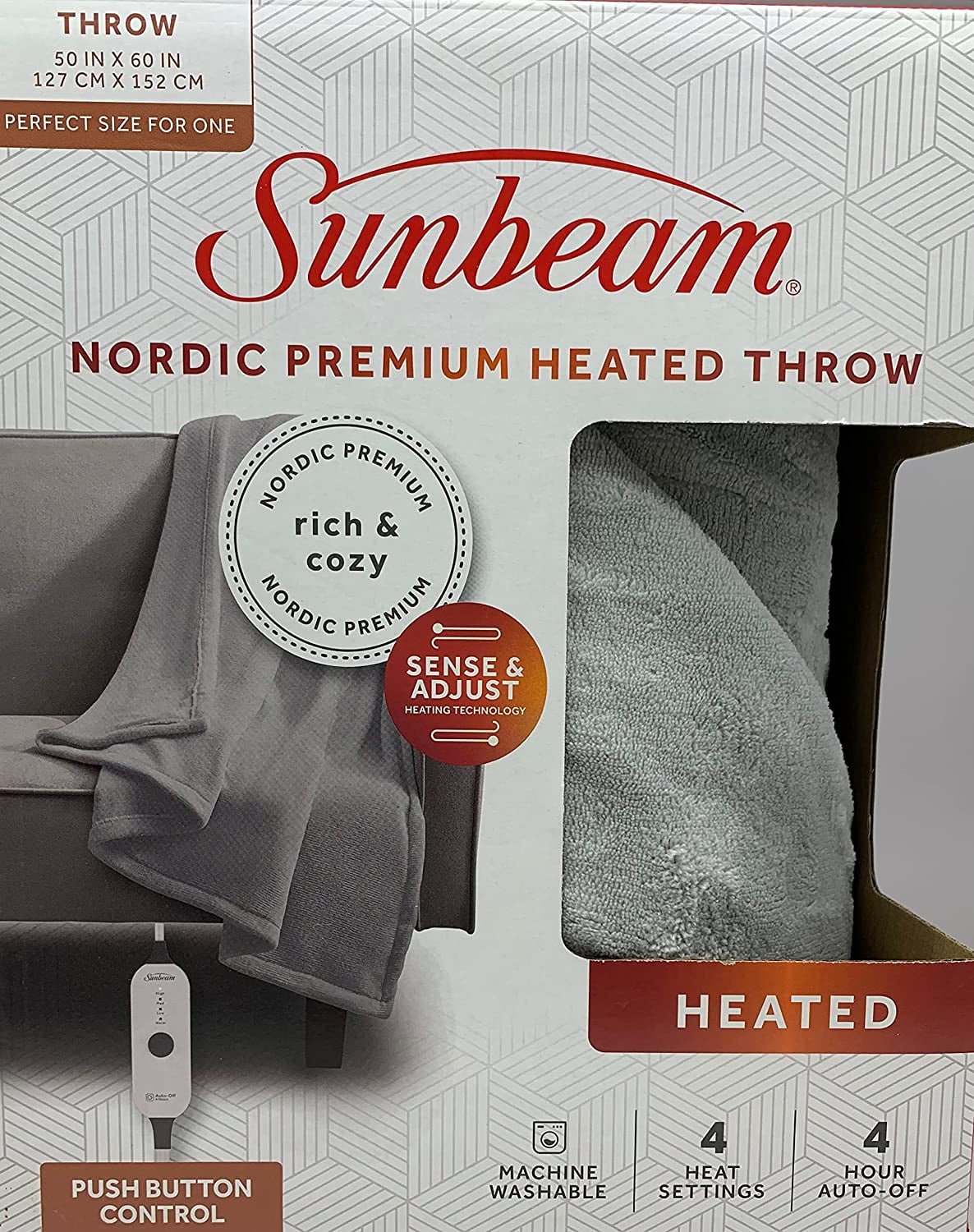 Sunbeam Nordic Premium Electric Heated Throw Blanket with 4 Heat Settings Controller, 4-Hour Auto Shut-Off, Overheat Protection UL Certified (50" x 60", Blue) (Grey)