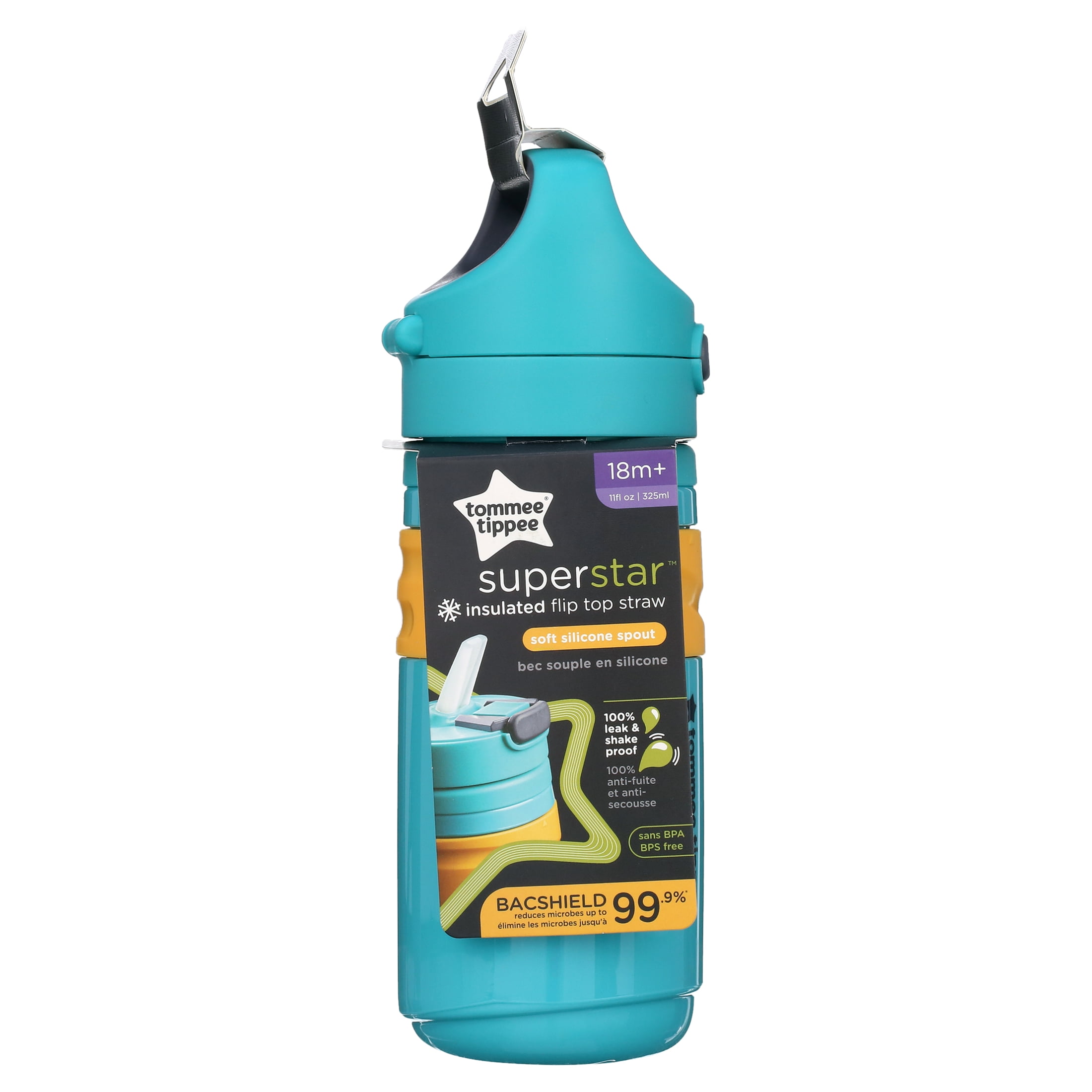 Tommee Tippee Insulated On-the-Go Straw Cup, 11oz, 18 Months+, Spill Proof Toddler Water Bottle Push-To-Open Lid Helps Keep Spout Clean, Blue, 1 count