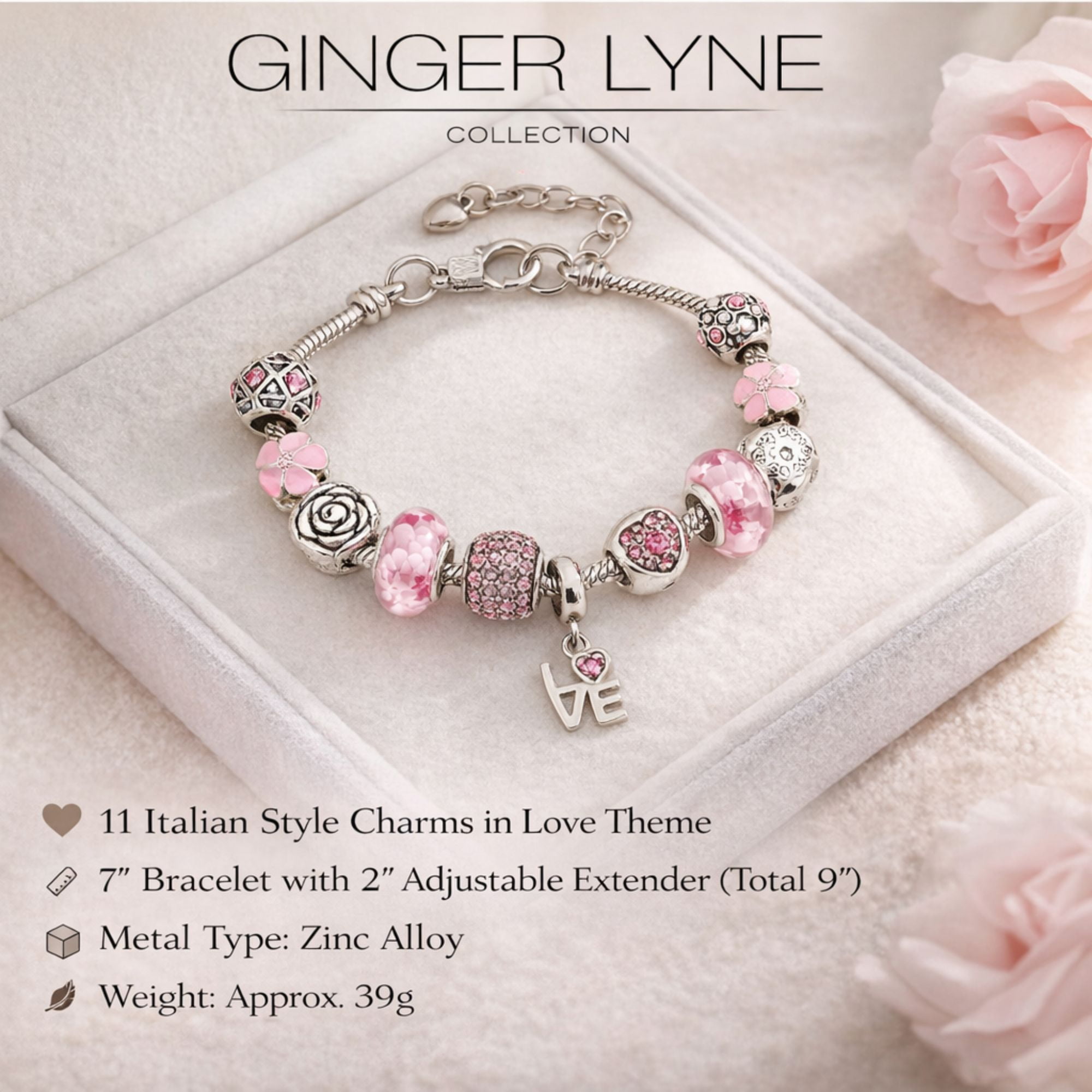Love Theme Charm Bracelet for Women by Ginger Lyne 9" Alloy Pink Italian Style Beads Valentines Gifts