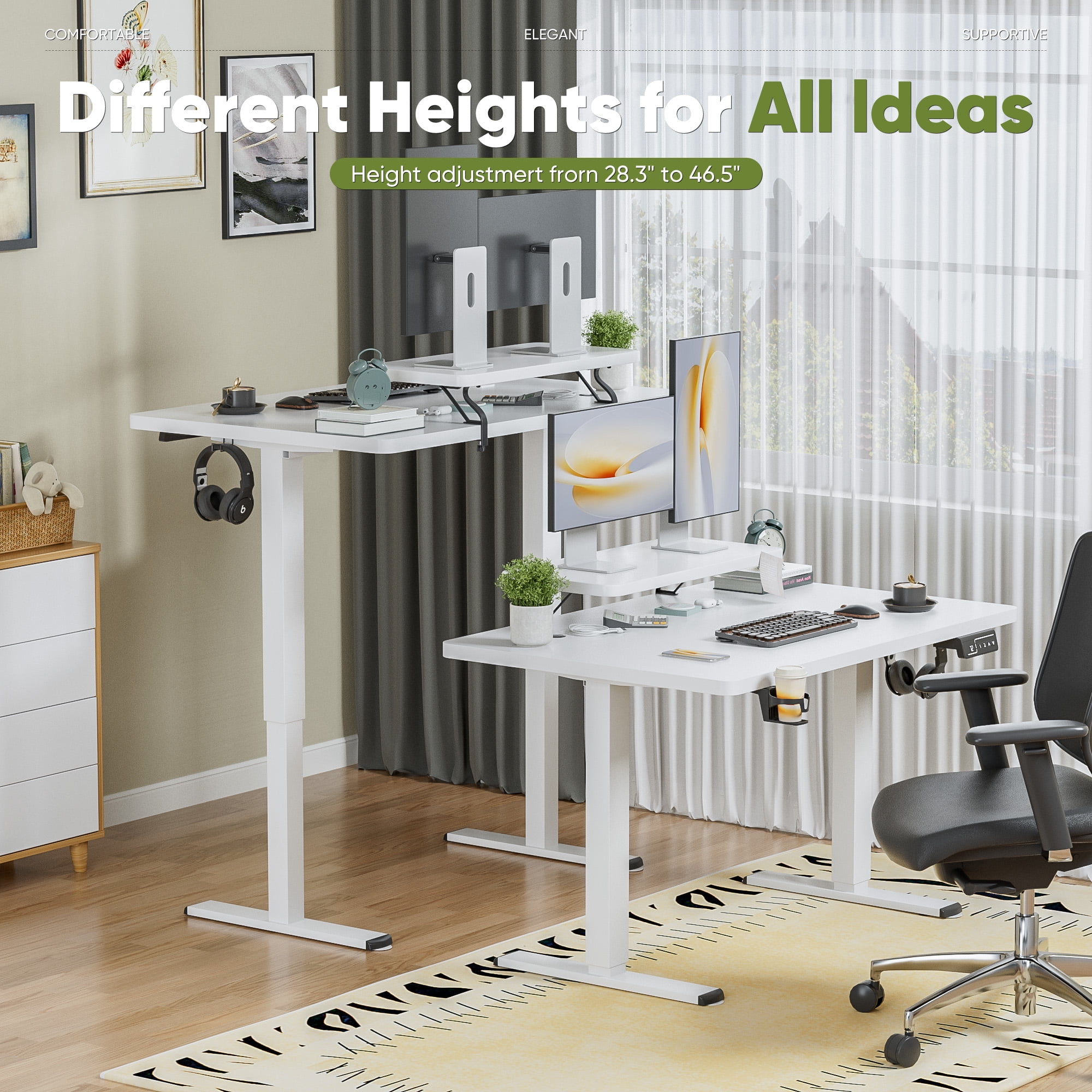 Homall 47" Wide Home Office Electric Height Adjustable Standing Desk Lifting Range 28~46" Computer Desk with Monitor Stand,White