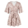 thumbnail image 5 of Qcmgmg Womens Summer Short Flared Sleeve Romper V Neck Floral Print Jumpsuit Waist Tie Layer Ruffle Hem Dress Look Rompers Pink S, 5 of 5