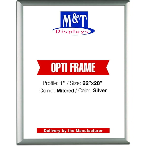 M&T Displays Opti Snap Poster Frame 22x28 Inch Silver 1" Aluminum Profile Front Loading Wall Mounting Photo Picture Document Certificate Sign Holder Mitered Corner Anti Cover