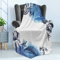 thumbnail image 4 of Ocean Soft Flannel Fleece Throw Blanket, Sealife Sea Shells and Sand Stones Deep Water Star Fish Blue Toned Design, Cozy Plush for Indoor and Outdoor Use, 70" x 90", Navy Blue and White, by Ambesonne, 4 of 5