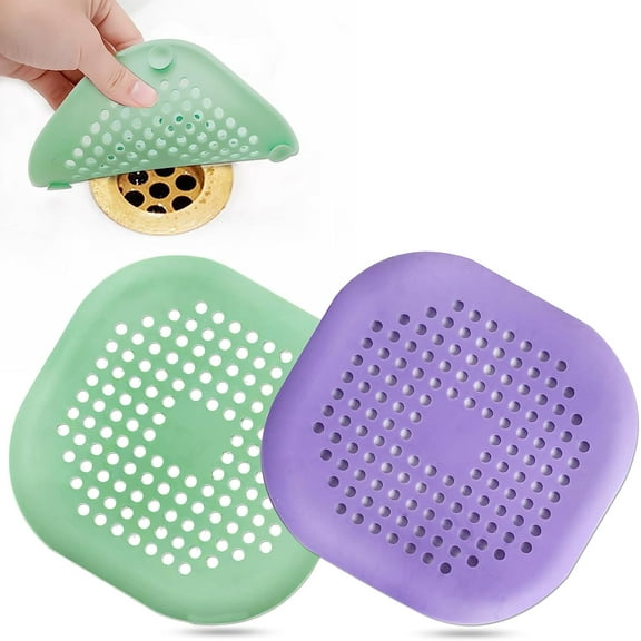 Hair Catcher,Square Drain Cover for Shower Silicone Hair Stopper with Suction Cup,Easy to Install Suit for Bathroom,Bathtub,Kitchen 2 Pack(Purple Green)