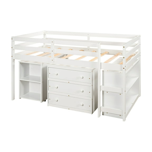 Veryke Low Study Twin Loft Bed with Desk and Cabinet(Twin-size, White)