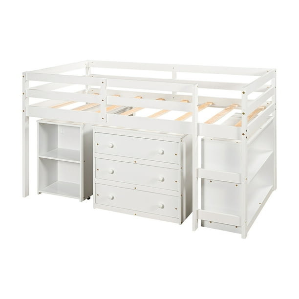 Veryke Low Study Twin Loft Bed with Desk and White