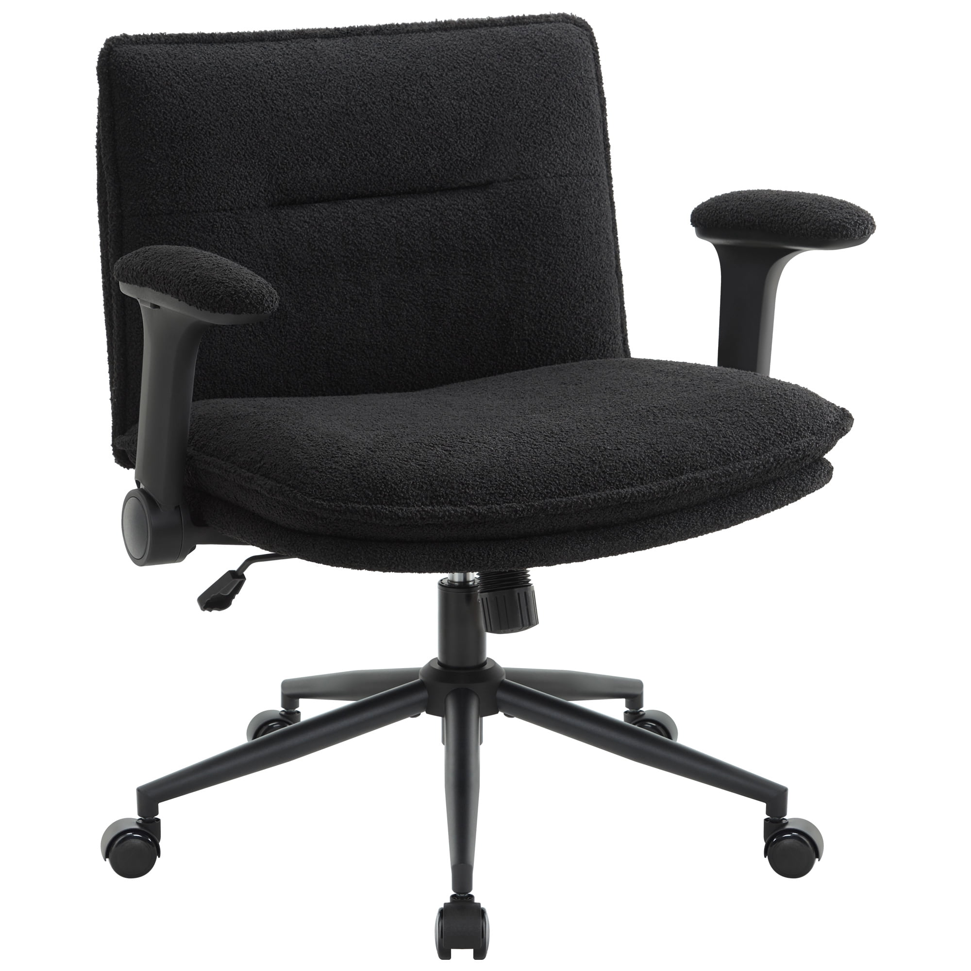 Black Cross Legged Office Chair with Flip-Up Arms and Wheels with Wide Seat, Fabric Ergonomic Adjustable Height Desk Chairs, Swivel Chair for Home Office