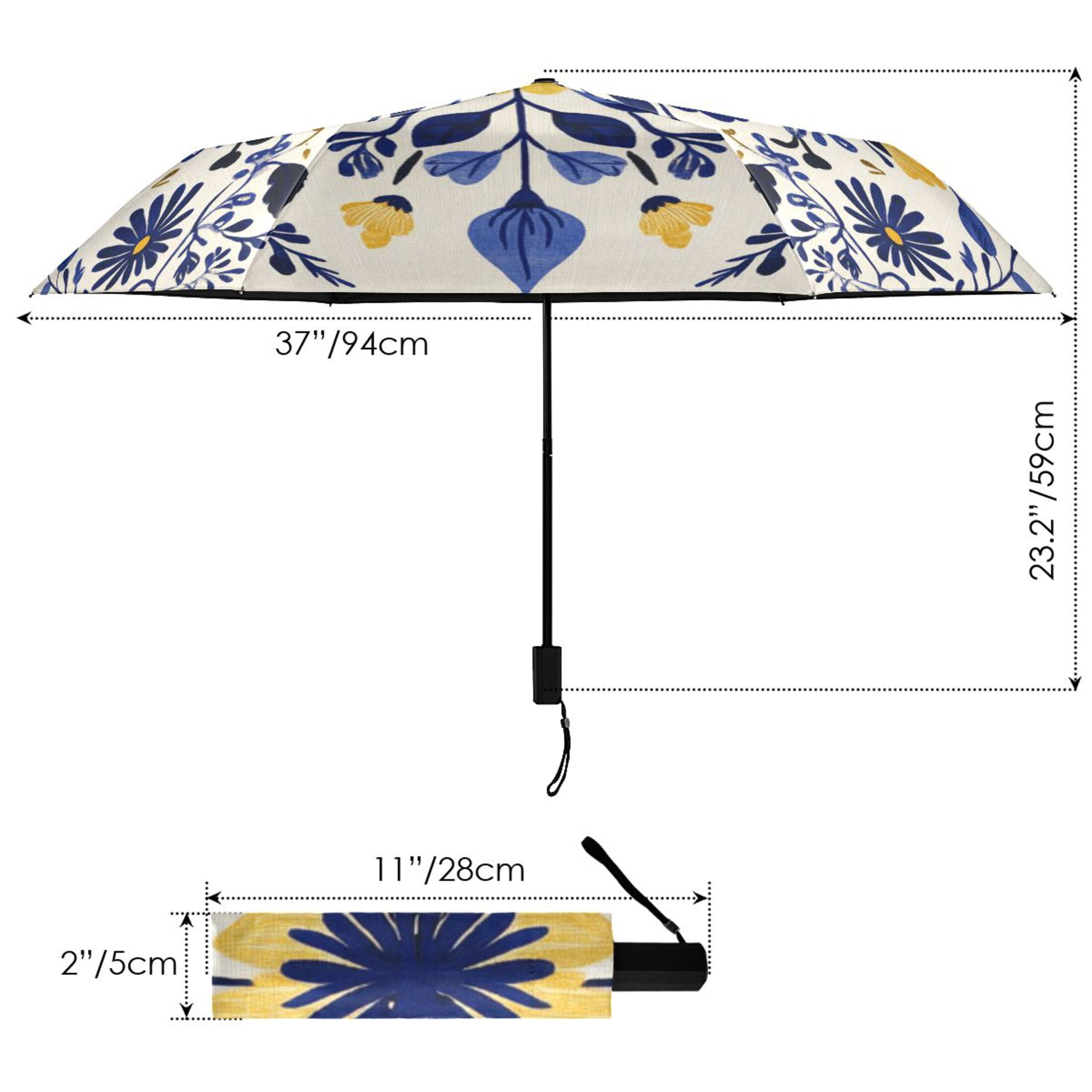Dark Blue and Yellow Flowers Symmetrical All Weather Umbrella Triple Folding Parasol 6 Ribs UV Protection Portable