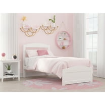 Twin Bed with Footboard - White Finish Platform Bed, Solid Wood Frame, Modern Design, Slatted Headboard, 76" x 38"