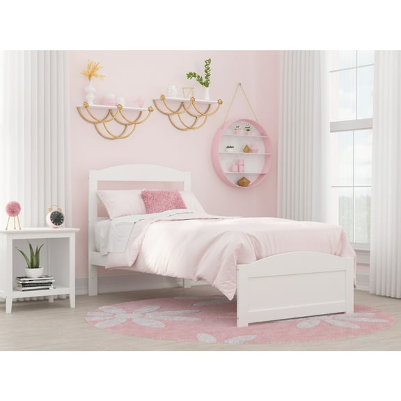 Twin Bed with Footboard - White Finish Platform Bed, Solid Wood Frame, Modern Design, Slatted Headboard, 76" x 38"