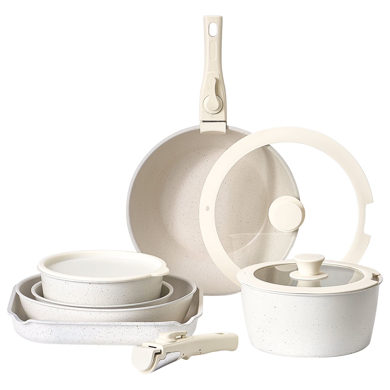 KFFKFF 17-Unit Nonstick Cookware Set, Removable Handle, Compact Induction-Compatible Kitchenware, Ideal for RV Kitchen, Includes Fry, Sauce, Saute Pans, Tempered Glass Covers, Oven-Friendly, White