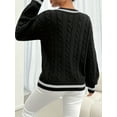 thumbnail image 2 of Luxurious Contrast Trim Cable Knit Sweater Flattering V-Neckline Dramatic Lantern, 2 of 7