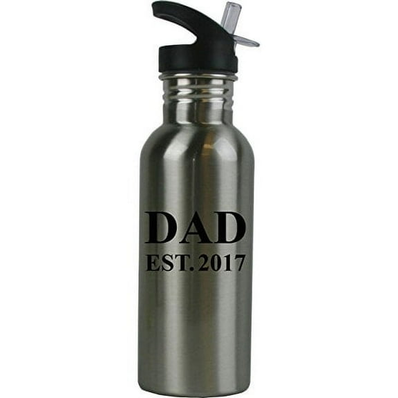 Dad EST. 2017 Stainless Steel Silver 20 oz Water Bottle with Plastic Straw
