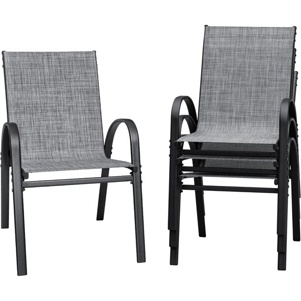 ZYPPPA Patio Chairs Stackable Dining Chairs Set of 4 Metal and Teslin Outdoor Chairs for Lawn Deck Balcony Porch (Grey)