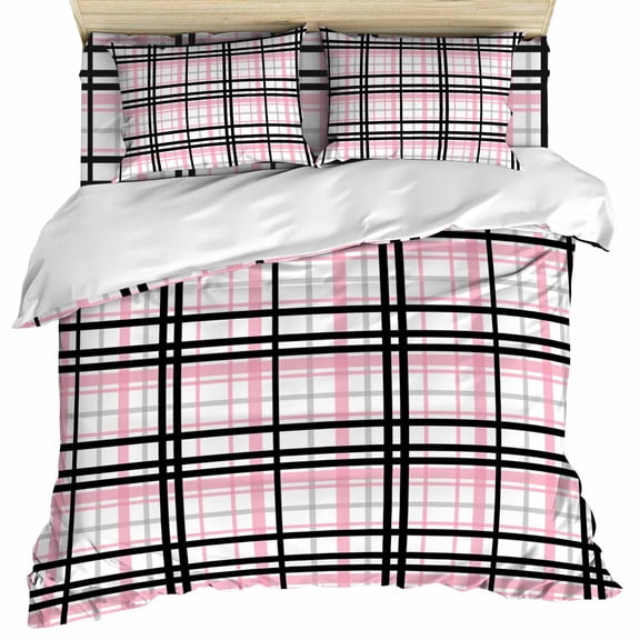 Pink Black Plaid Duvet Cover Set, Farmhouse Pink Black Checkered Soft Duvet Cover Twin Size Bedding Set 4 Pieces, 1 Quiltcover and 2 Pillowcases with Zipper, 1 Bed Sheet for All Seasons