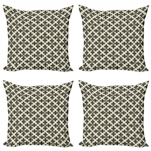 Abstract Throw Pillow Cushion Case Pack of 4, Classic Vintage Flower Petals Connected with Lines Drawn by Hand, Modern Accent Double-Sided Print, 4 Sizes, Dark Taupe and Eggshell, by Ambesonne